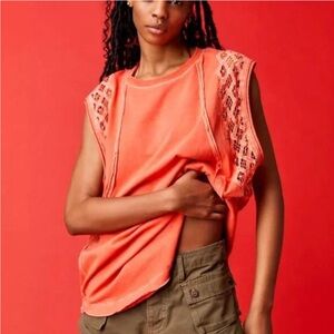 Free People Table For Two Bright Coral Oversized Tank Top Small